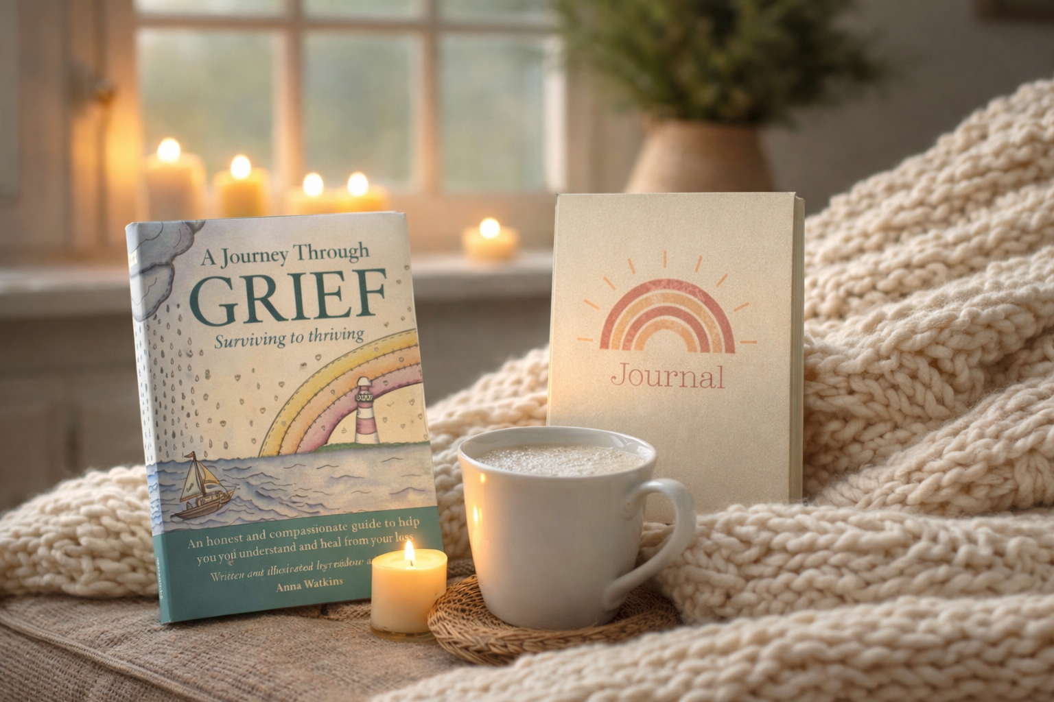 cosy background with picture of A Journey Through Grief book and journal